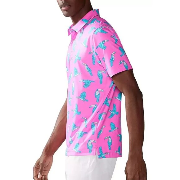 Chubbies Men's Lightweight "The Toucan Do It" Golf Polo Parrots PInk Medium - Picture 2 of 3